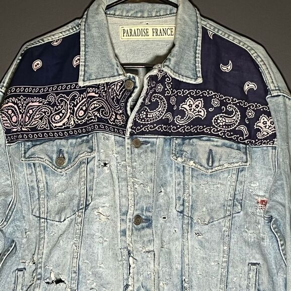 Vintage Paradise France Handmade Distressed Denim Jacket With Vintage Bandana Pa - Picture 3 of 9